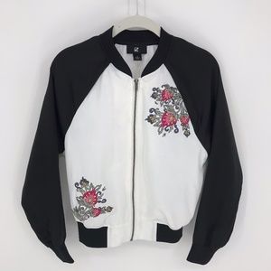 IZ Byer Flower Embroidered Black and White Bomber
